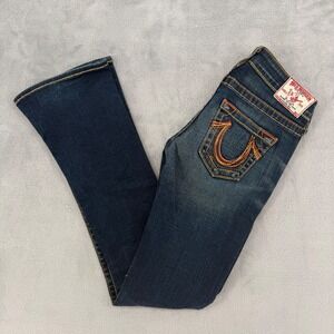 True Religion Rainbow Gina Bootcut Jeans Dark Wash Orange Stitching Womens 25